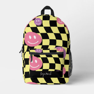 Psychedelic Groovy Smiley Checkerboard, Y2K 90s Bedruckter Rucksack