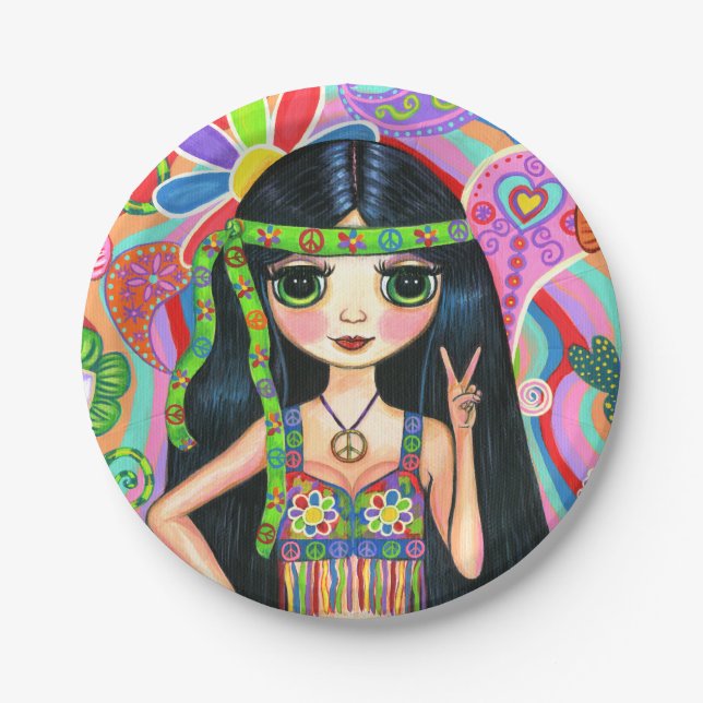 Psychedelic Hippie Girl Headband Peace Sign 1960er Pappteller (Vorderseite)