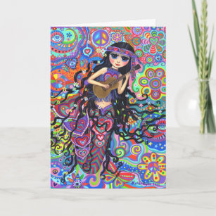 Psychedelic Hippie Mermaid Girl Playing Guitar Karte