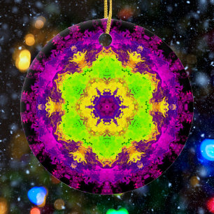 Psychedelic Kaleidoscope Green Yellow and Purple Keramik Ornament