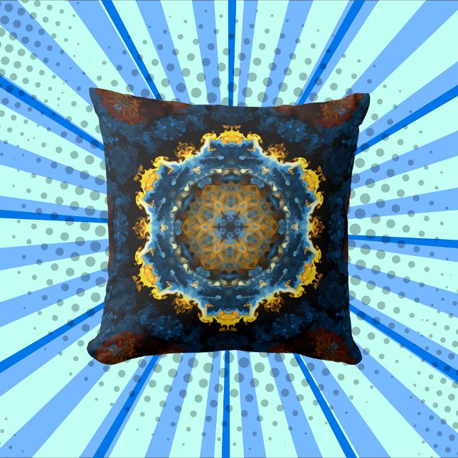 Psychedelic Mandala Blume Blau Gelb und Orange Kissen (Von Creator hochgeladen)