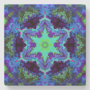 Psychedelic Mandala Blume Blau Grün und Lila Steinuntersetzer
