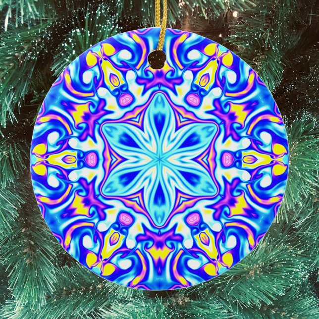 Psychedelic Mandala Blume Blau Lila und Gelb Keramik Ornament (Von Creator hochgeladen)