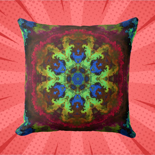 Psychedelic Mandala Blume Grün Blau und Rot Kissen (Von Creator hochgeladen)