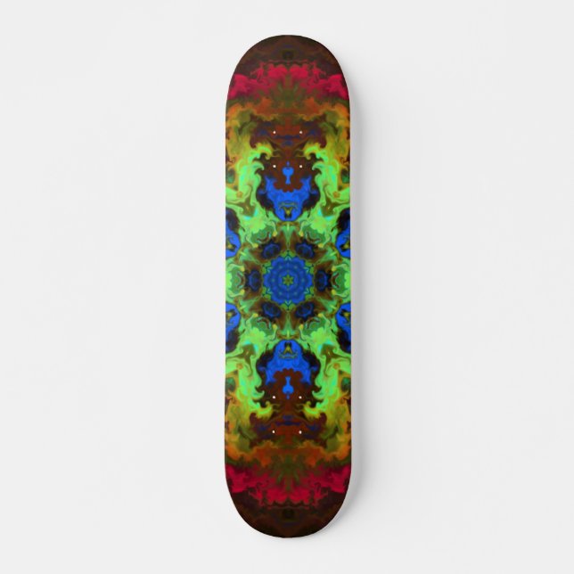 Psychedelic Mandala Blume Grün Blau und Rot Skateboard (Vorne)