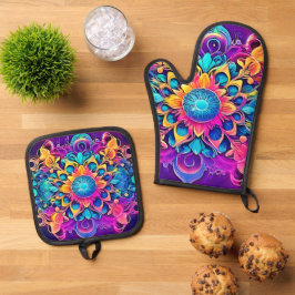 Psychedelic Mandala Design Ofenhandschuh & Topflappen-Set