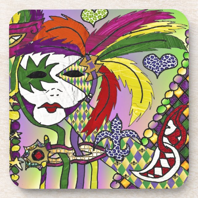Psychedelic Mardi Gras Feather Mask Getränkeuntersetzer (Vorderseite)