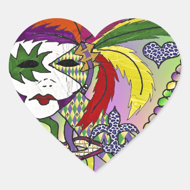 Psychedelic Mardi Gras Feather Mask Herz-Aufkleber (Vorderseite)