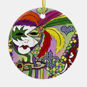 Psychedelic Mardi Gras Feather Mask Keramik Ornament