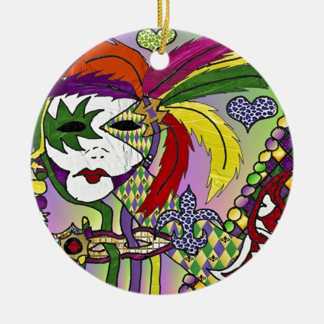 Psychedelic Mardi Gras Feather Mask Keramik Ornament (Vorne)