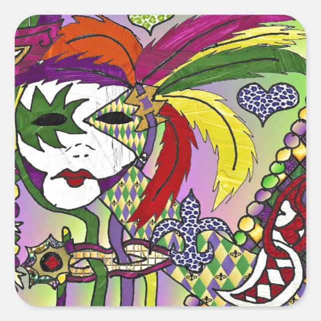 Psychedelic Mardi Gras Feather Mask Quadratischer Aufkleber (Vorderseite)