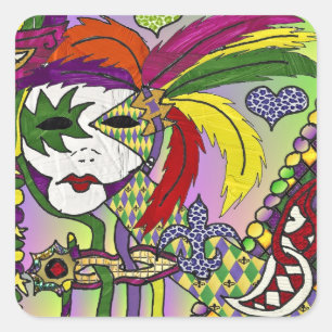 Psychedelic Mardi Gras Feather Mask Quadratischer Aufkleber