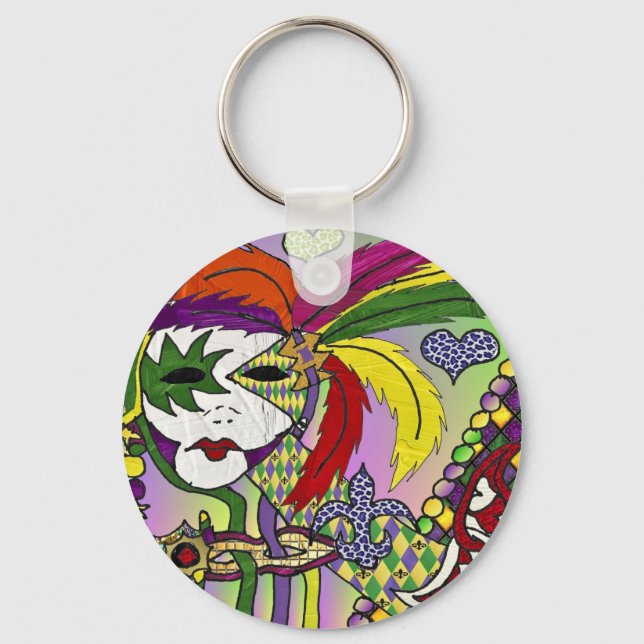 Psychedelic Mardi Gras Feather Mask Schlüsselanhänger (Vorderseite)