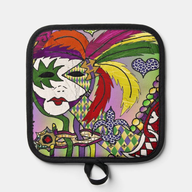 Psychedelic Mardi Gras Feather Mask Topflappen (Vorderseite)