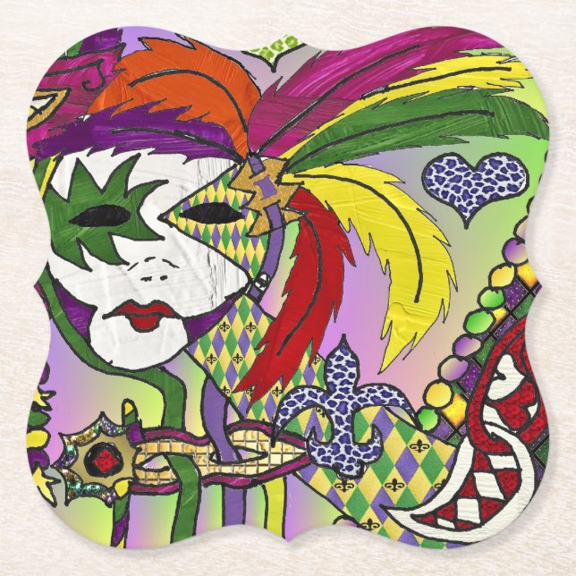 Psychedelic Mardi Gras Feather Mask Untersetzer (Vorderseite)