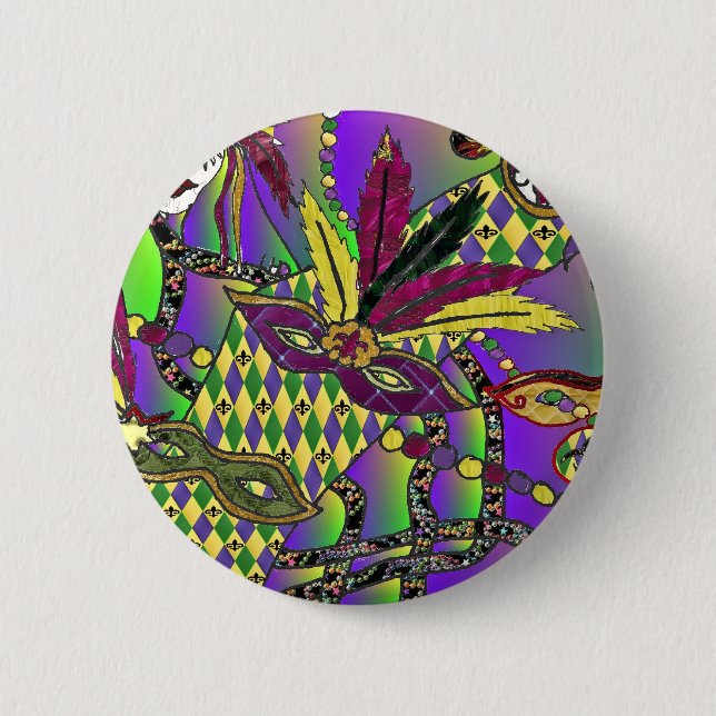 Psychedelic Mardi Gras Feather Masken Geschenke Ap Button (Vorderseite)