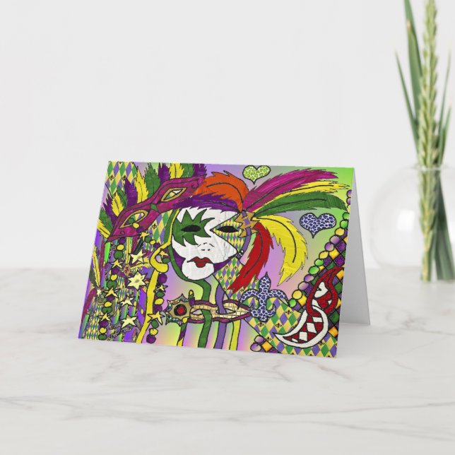 Psychedelic Mardi Gras Feather Masken Geschenke Ap Karte (Vorderseite)