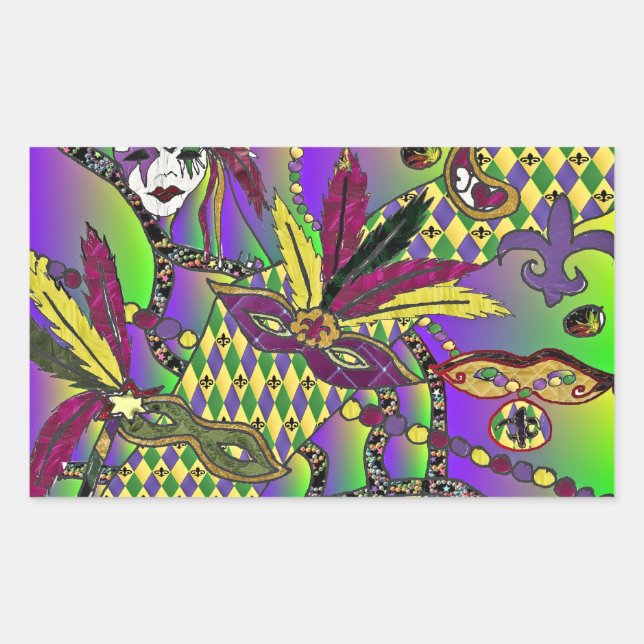 Psychedelic Mardi Gras Feather Masken Geschenke Ap Rechteckiger Aufkleber (Vorderseite)