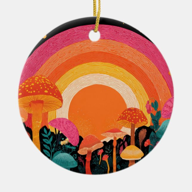 Psychedelic Mushroom Sunset – Retro Fantasy Nature Keramik Ornament (Vorne)