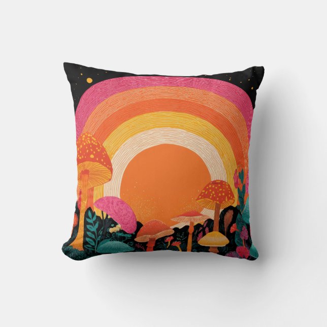 Psychedelic Mushroom Sunset – Retro Fantasy Nature Kissen (Vorderseite)