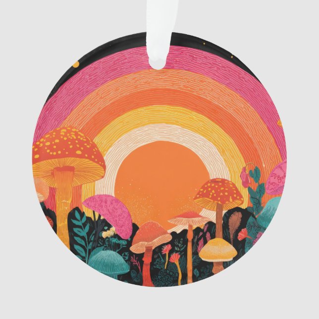 Psychedelic Mushroom Sunset – Retro Fantasy Nature Ornament (Vorderseite)