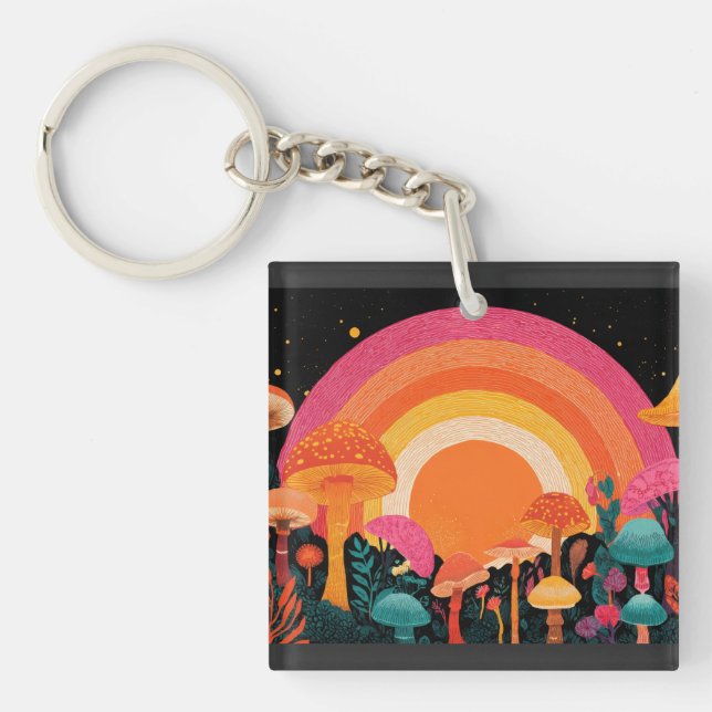 Psychedelic Mushroom Sunset – Retro Fantasy Nature Schlüsselanhänger (Vorderseite)