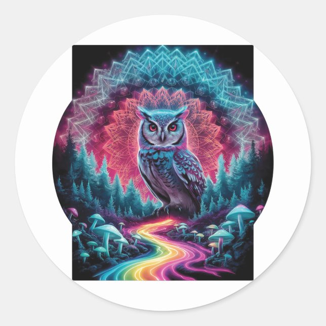 Psychedelic Owl Mandala - Trippy Forest Art Runder Aufkleber (Vorderseite)