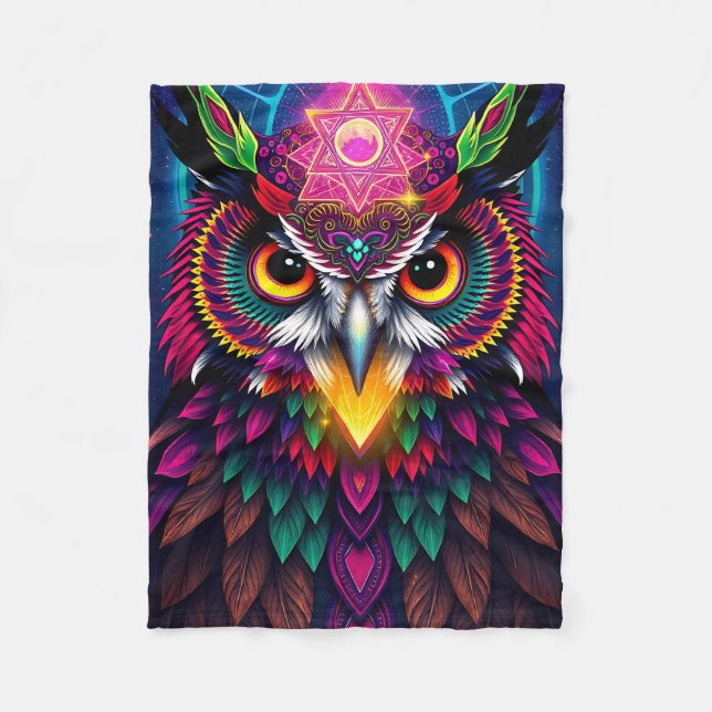 Psychedelic Owl: Neon Mandala Art Fleecedecke (Vorderseite)