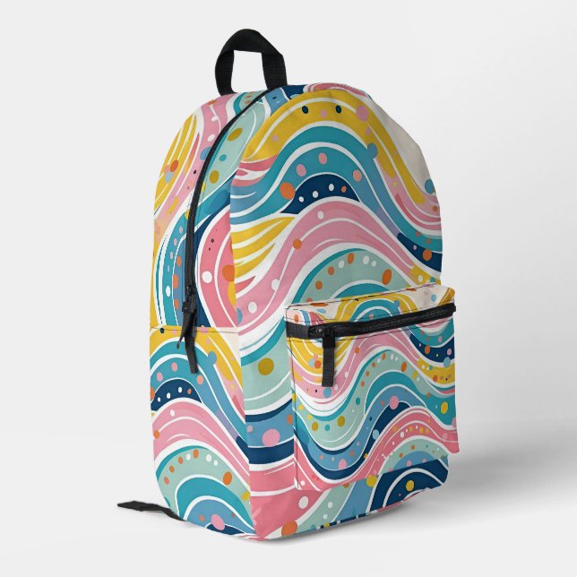 Psychedelic Pastel Rainbow Wave Design Bedruckter Rucksack (Rückseitige Ecke links)