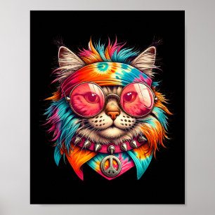 Psychedelic Peace Cat Colorful Hippie Retro Groovy Poster