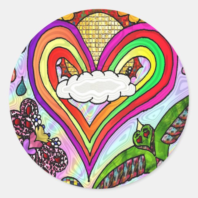 Psychedelic Rainbow Heart Art Print Runder Aufkleber (Vorderseite)