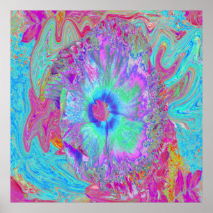 Psychedelic Retro Rainbow Blue Hibiscus Poster