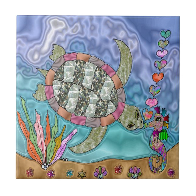 Psychedelic Sea Turtle Seepferd Art Fliese (Vorderseite)
