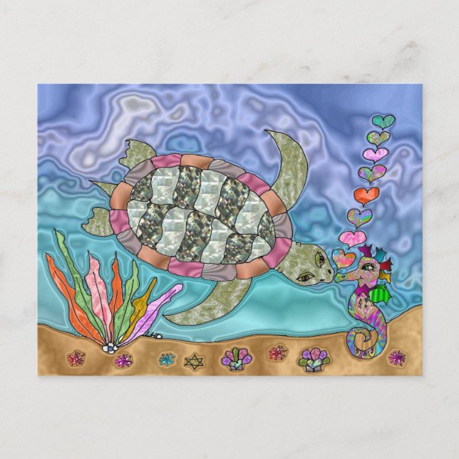 Psychedelic Sea Turtle Seepferd Art Postkarte (Vorderseite)