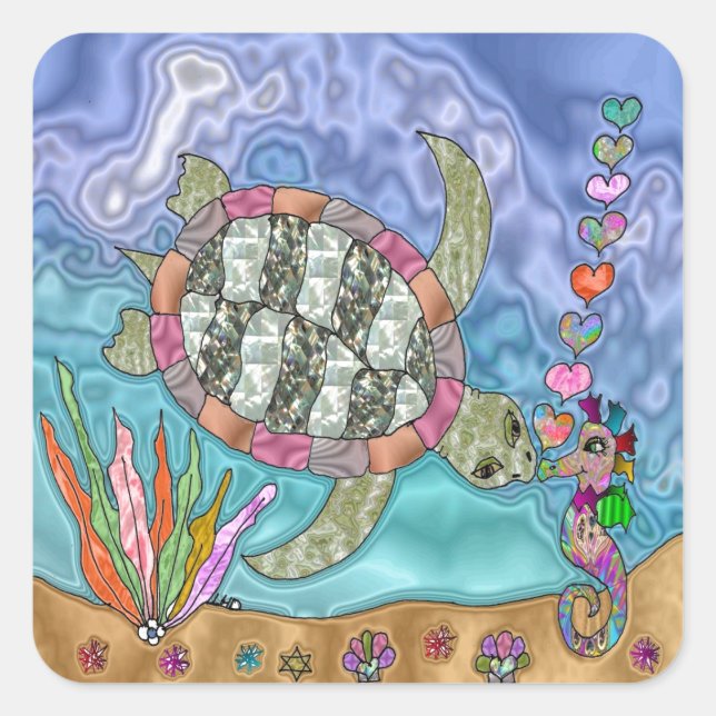 Psychedelic Sea Turtle Seepferd Art Quadratischer Aufkleber (Vorderseite)