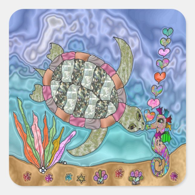 Psychedelic Sea Turtle Seepferd Art Quadratischer Aufkleber (Vorderseite)