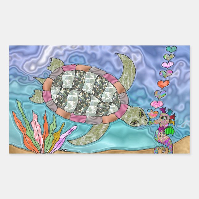 Psychedelic Sea Turtle Seepferd Art Rechteckiger Aufkleber (Vorderseite)