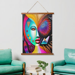 Psychedelic Spiral Woman Rainbow Energy Abstrakt Wandteppich Mit Holzrahmen