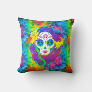 [Psychedelic Sugar Skull] Fraktal-Tie-Dye-Calavera Kissen