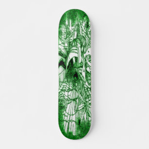 Psychedelic Trippy Black and Green Leaf Drawing Skateboard