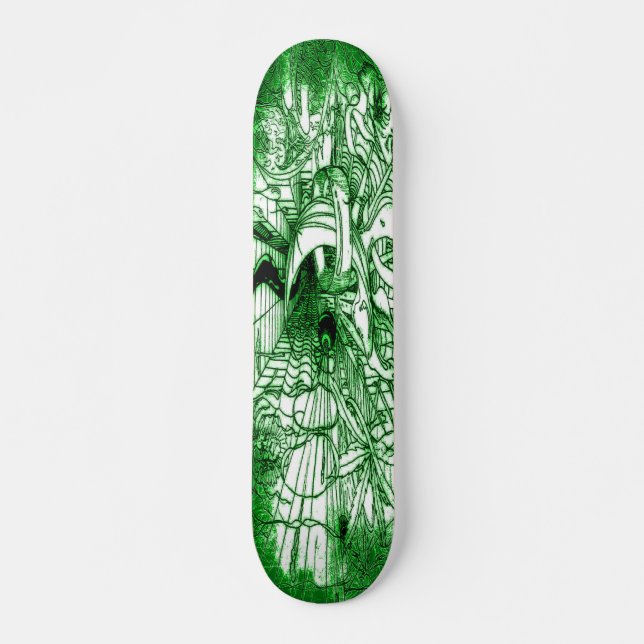 Psychedelic Trippy Black and Green Leaf Drawing Skateboard (Vorne)
