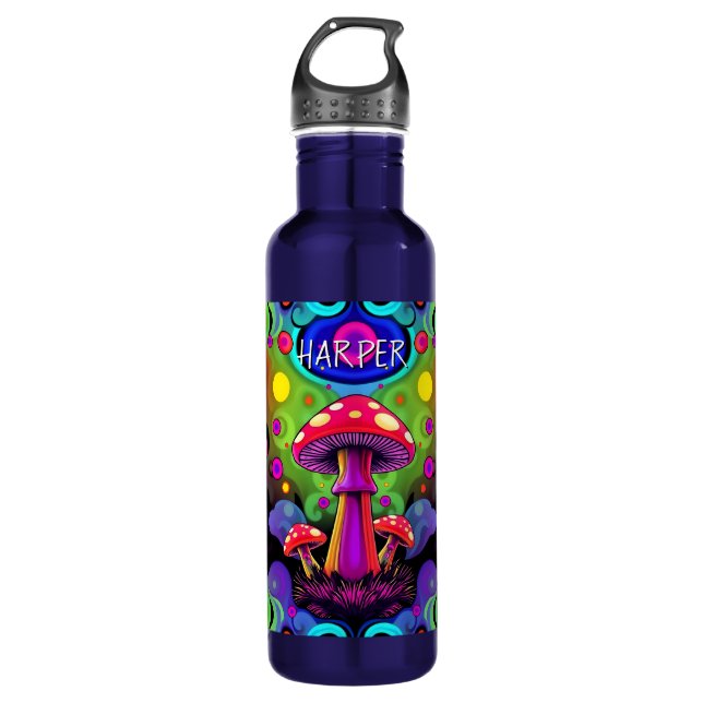 Psychedelic Vibrant Colorful Retro Mushrooms Edelstahlflasche (Vorderseite)