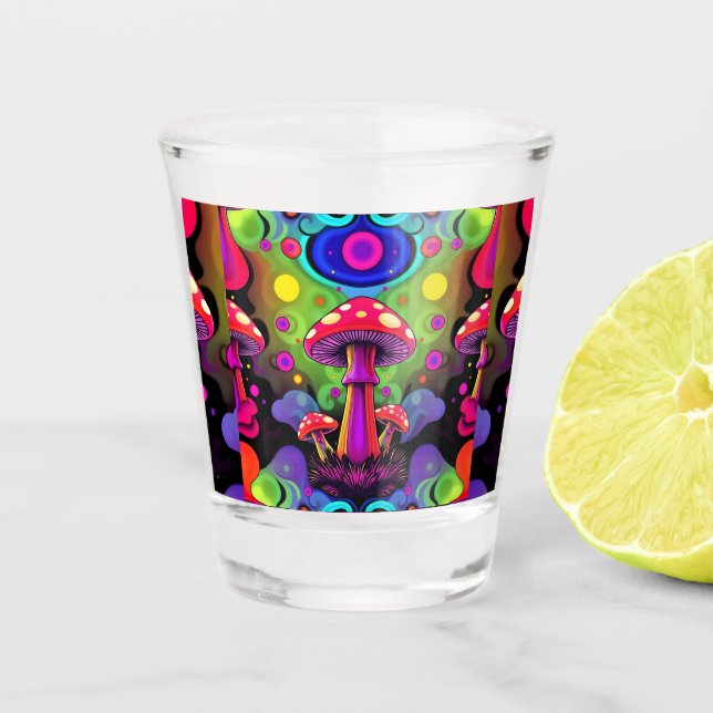 Psychedelic Vibrant Colorful Retro Mushrooms Schnapsglas (Vorderseite)