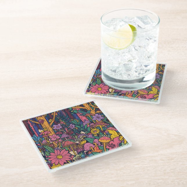 Psychedelic woodland glass coaster glasuntersetzer (Schrägansicht)