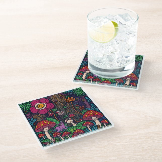 Psychedelic woodland glass coaster glasuntersetzer (Schrägansicht)