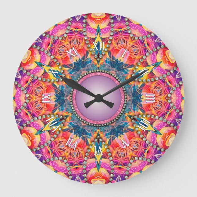 Psychedelisch Groovy Pink Liebe Glam Mandala Große Wanduhr (Vorderseite)