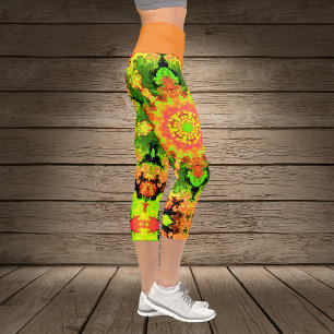 Psychedelisch Hippie Blume Grün Orange und Roter L Capri Leggings