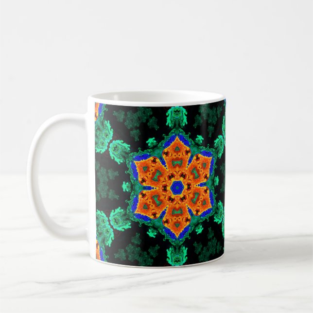 Psychedelisch Hippie Blume Orange und Aquamarin Kaffeetasse (Links)