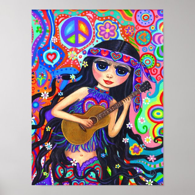 Psychedelisch Hippie Mermaid Girl mit Gitarrenfrie Poster (Vorne)