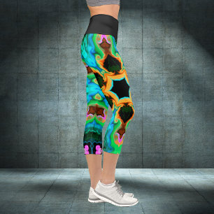 Psychedelisch Hippie Orange Blau und Schwarze Legg Capri Leggings
